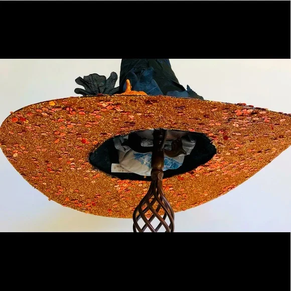 1 of Pumpkin patch witch hat Orange sparkles top & under brim black leaves 18\